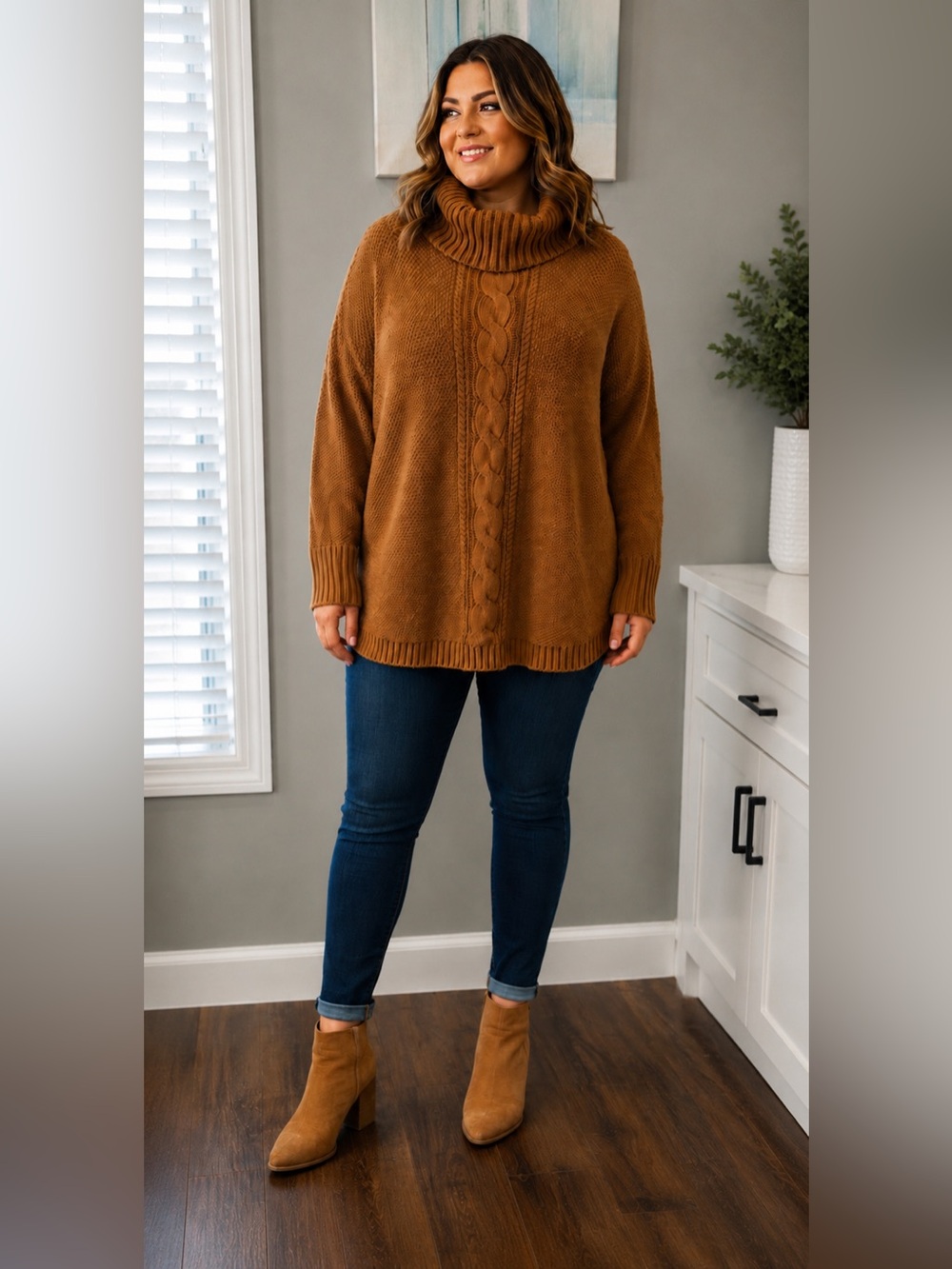 Express Cozy Cable-Knit Turtleneck Sweater - Cognac Brown Size XL
